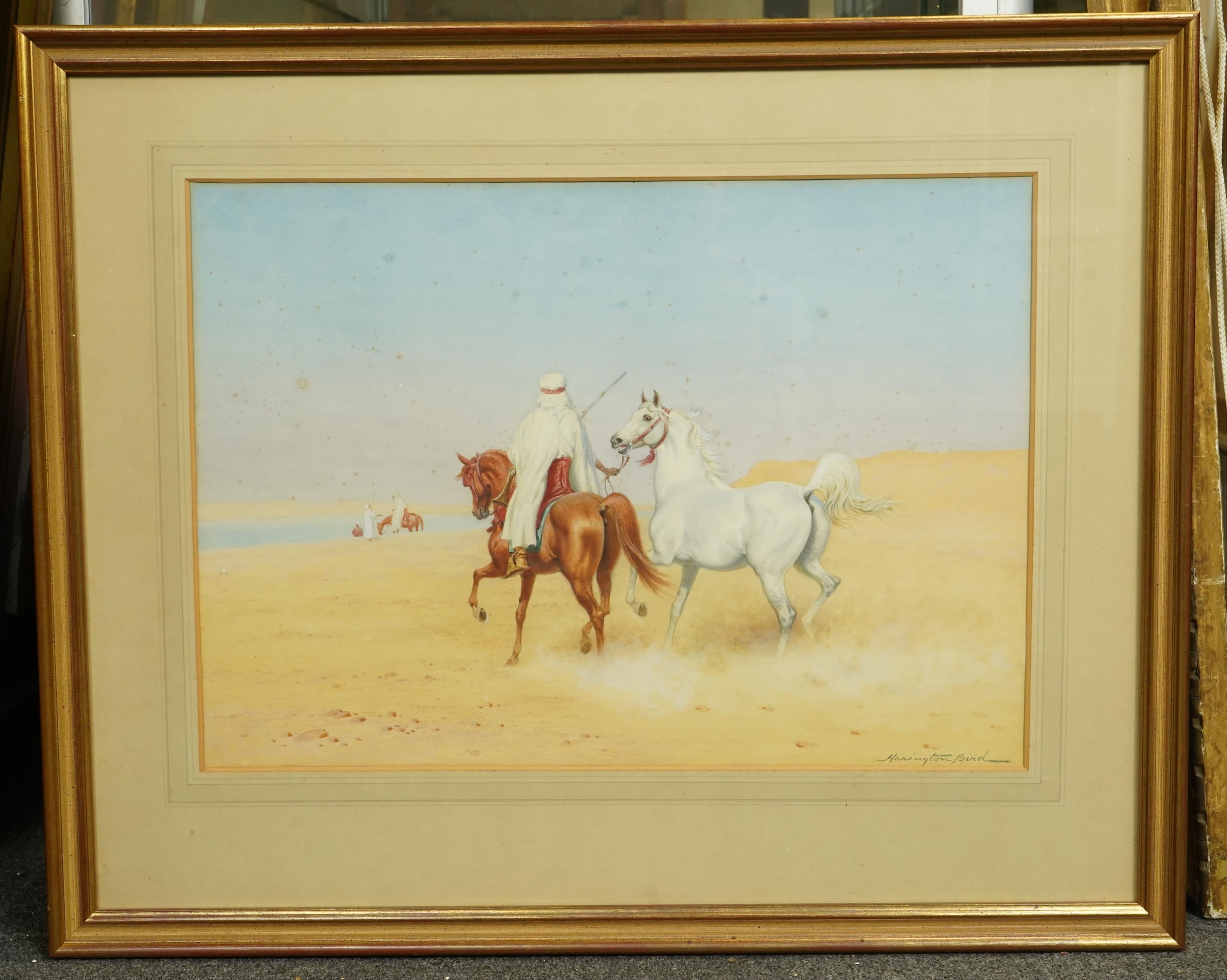 John Alexander Harrington Bird (English, 1846-1936), Arab warrior leading a white Arabian horse, figures beyond, watercolour, 36 x 50cm